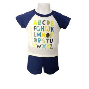 Swiggles 12 months Alphabet white shirt blue gym shorts matching outfit  2 piece